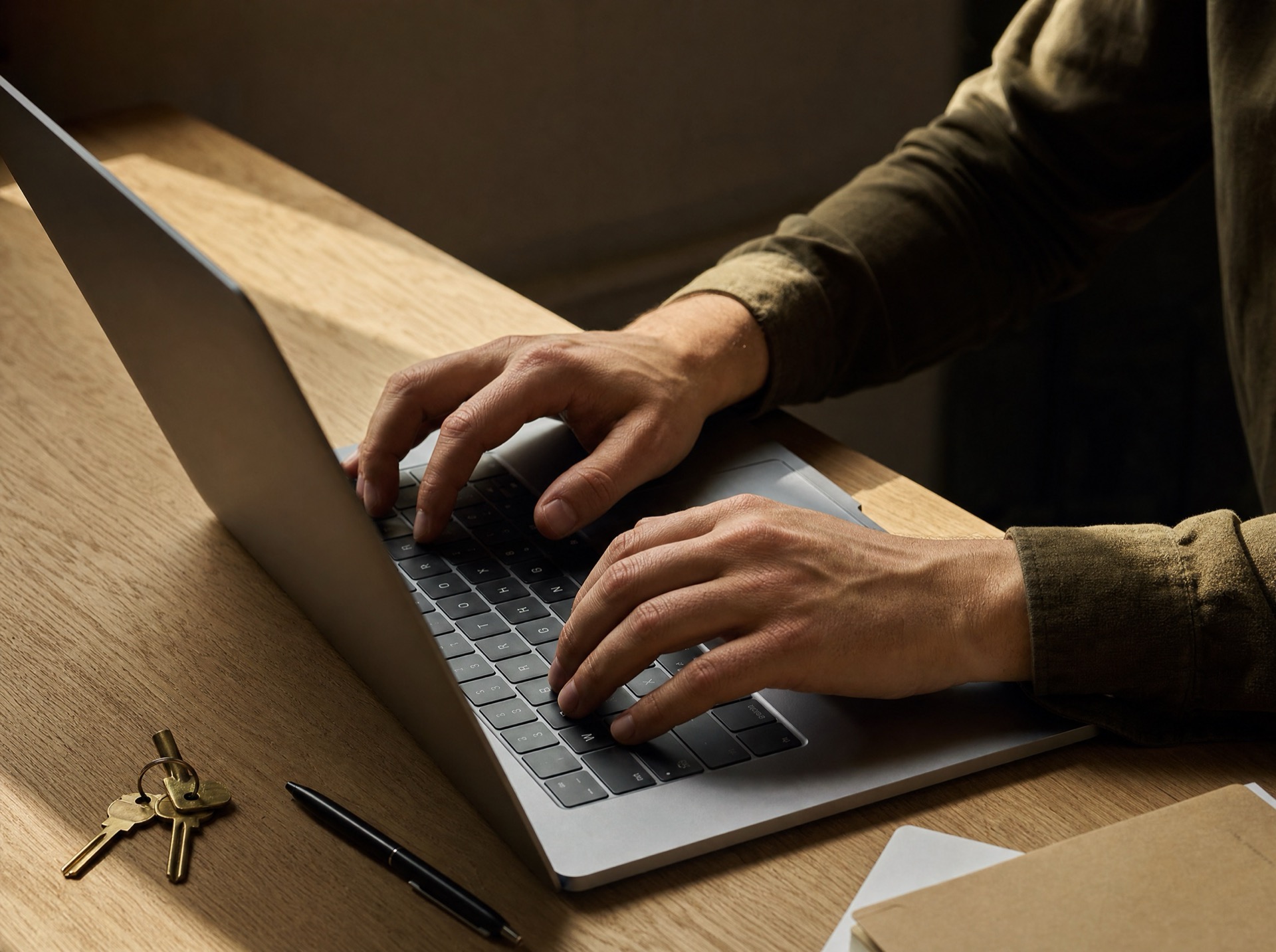 Mani su laptop, scrivania in legno, scelta modello AI